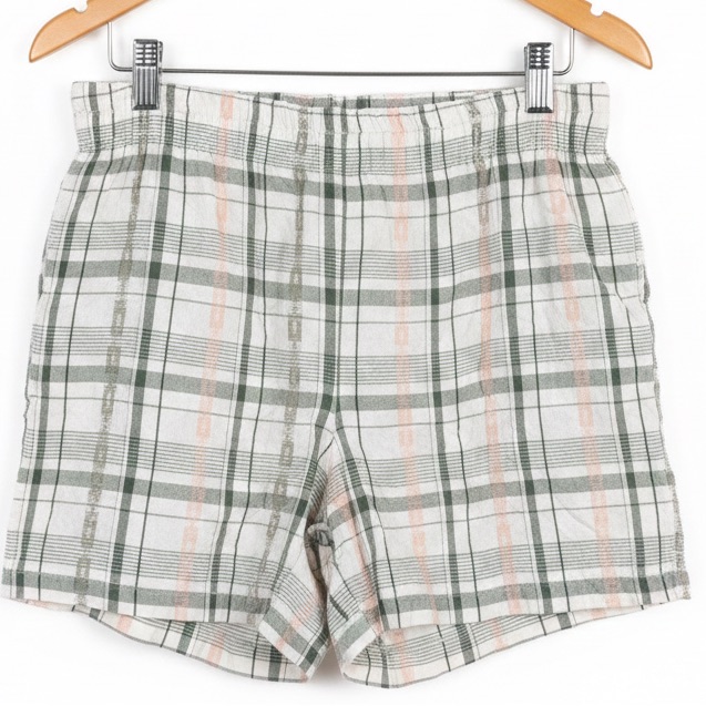 Plaid Green And Orange Women's Shorts Elastic Waist Cotton Pull On Pockets